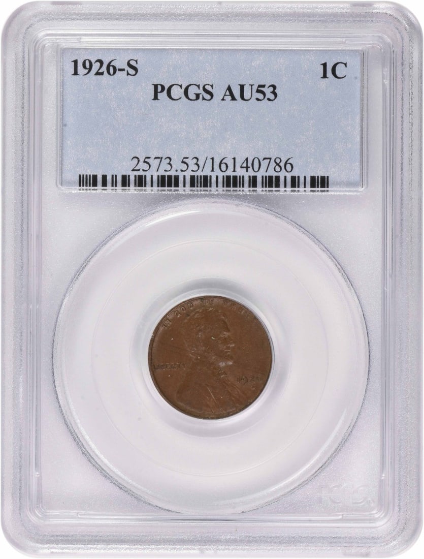 Lincoln Cent 1926-S Au53 PCGS: Lincoln Cent 1926-S Au53 PCGS 1926-S Lincoln Wheat Cent in Circulated Condition, Graded AU by PCGS. This copper coin features the iconic portrait of Abraham Lincoln and bears the signature of its crea