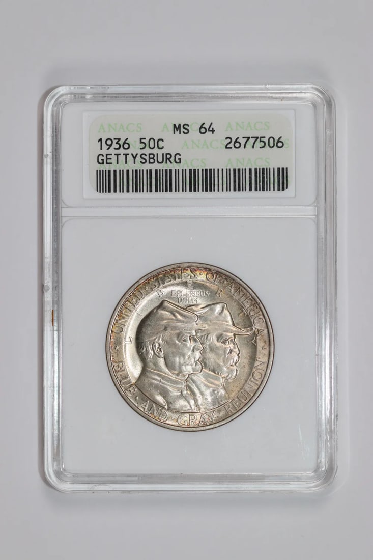 MS64 Half Dollar Commemorative Gettysburg 1936: MS64 Half Dollar Commemorative Gettysburg 1936 MS64 Half Dollar Commemorative Gettysburg 1936. This commemorative half dollar, graded MS64 by ANACS, features a striking design honoring the Battle of G