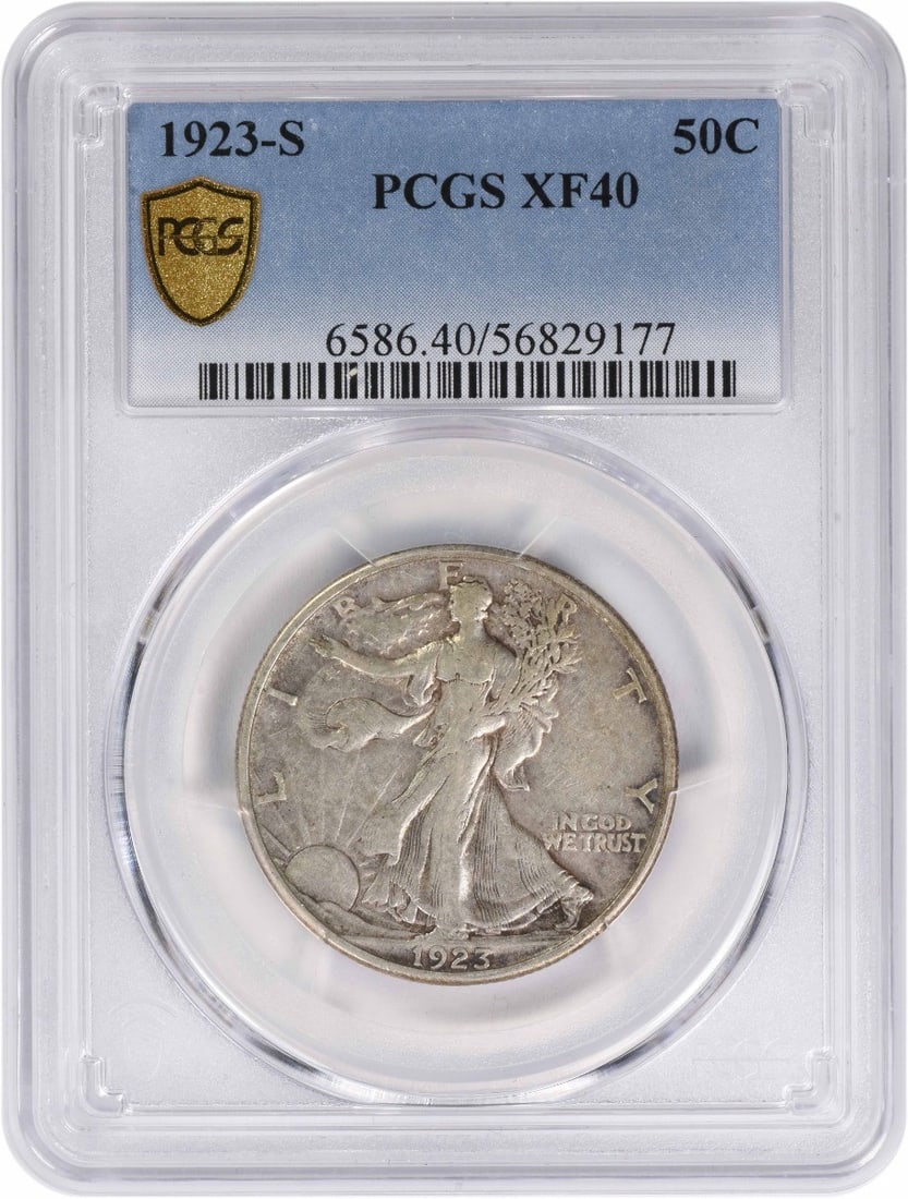 1923-S Walking Liberty Silver Half Dollar EF40 PCGS: 1923-S Walking Liberty Silver Half Dollar EF40 PCGS The 1923-S Walking Liberty Silver Half Dollar features Adolph Alexander Weinman's iconic design, showcasing Lady Liberty walking towards the dawn. T