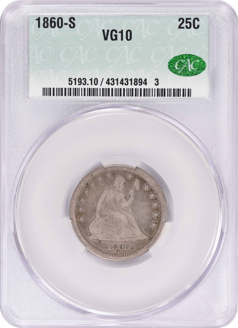 1860-S Liberty Seated Silver Quarter VG10 CACG (1 of 3)