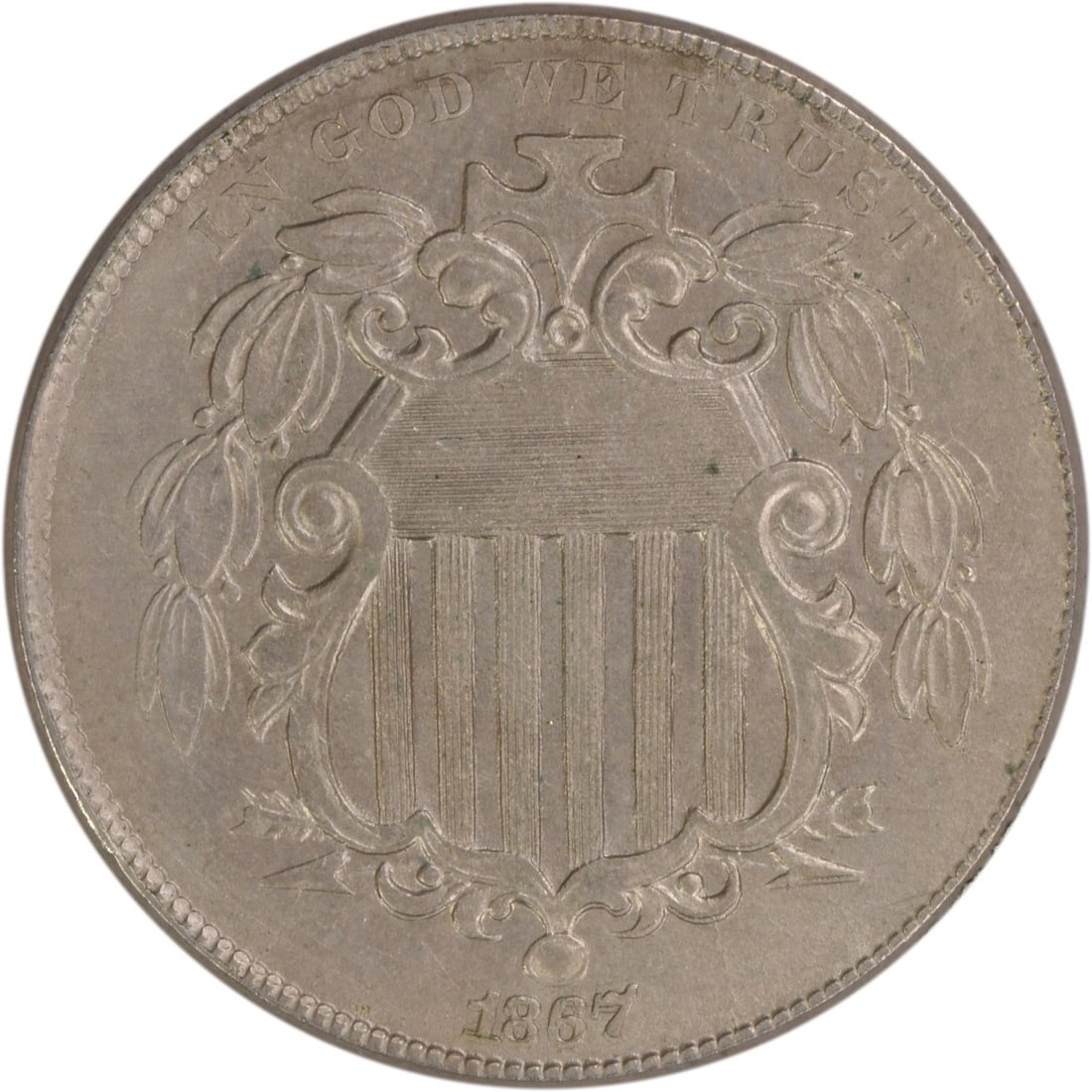 Shield 1867 nickel Rays EF Uncertified: Shield 1867 nickel Rays EF Uncertified The Shield 1867 nickel Rays EF Uncertified features an elegant design by James Barton Longacre, with its distinctive rays emanating from the center. Made from a 