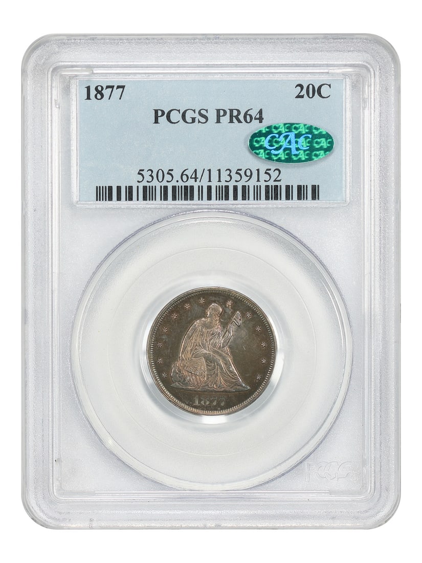 1877 20C PCGS/ CAC PR64 - Twenty Cent - Scarce Proof-Only Issue: 1877 20C PCGS/ CAC PR64 - Twenty Cent - Scarce Proof-Only Issue The 1877 Twenty Cent coin, graded PR64 by PCGS and CAC, showcases its exceptional condition with a rich history. This scarce proof-only 