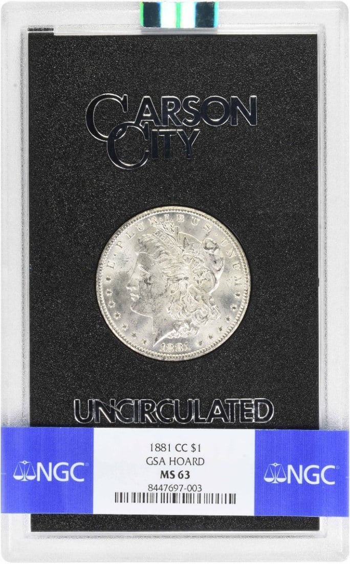 1881-CC Morgan Silver Dollar MS63 NGC GSA Holder: 1881-CC Morgan Silver Dollar MS63 NGC GSA Holder The 1881-CC Morgan Silver Dollar MS63 NGC GSA Holder boasts a stunning MS63 grade, indicating exceptional condition and detail. Certified by the Numism