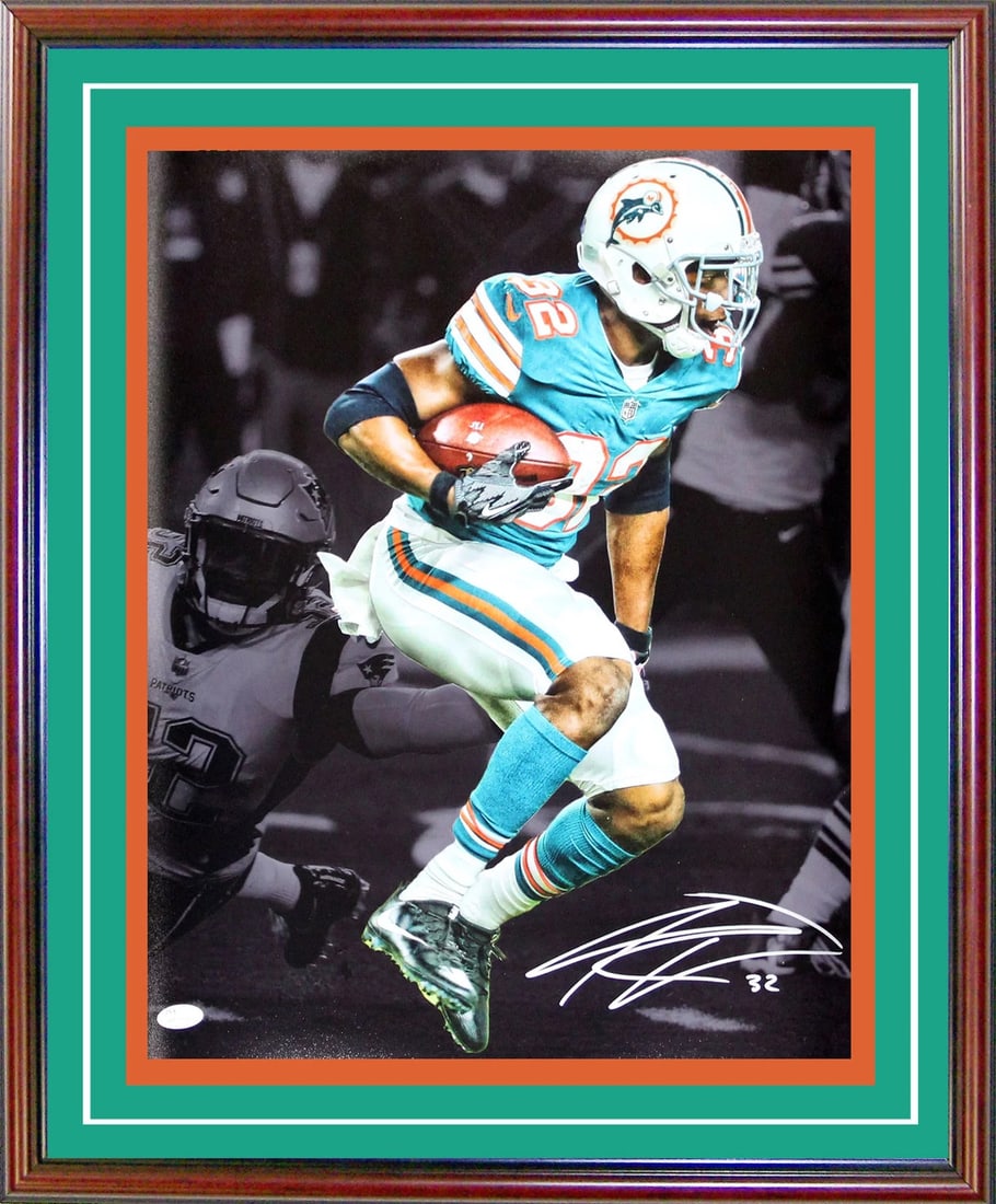 Kenyan Drake Autographed Framed 16x20 Blackout Photo (JSA): Kenyan Drake Autographed Framed 16x20 Blackout Photo (JSA) Signed in silver sharpie by Kenyan Drake, this framed 16x20 blackout photo captures the Miami Dolphins running back's electrifying moment on 
