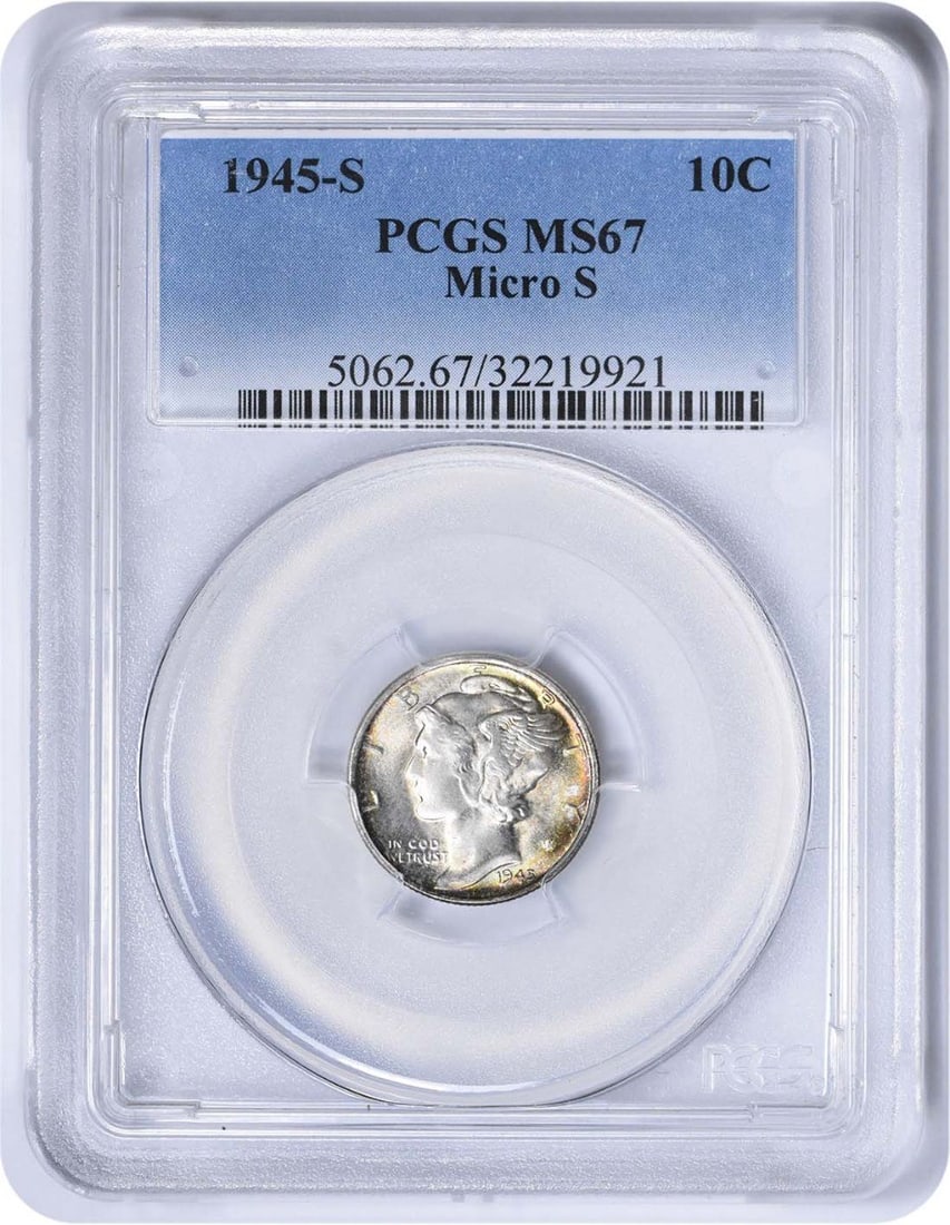 1945-S Mercury Silver Dime Micro S MS67 PCGS: 1945-S Mercury Silver Dime Micro S MS67 PCGS The 1945-S Mercury Silver Dime, graded MS67 by PCGS, boasts an impressive circulated grade and stunning silver content. With a mintage of over 41 million, 