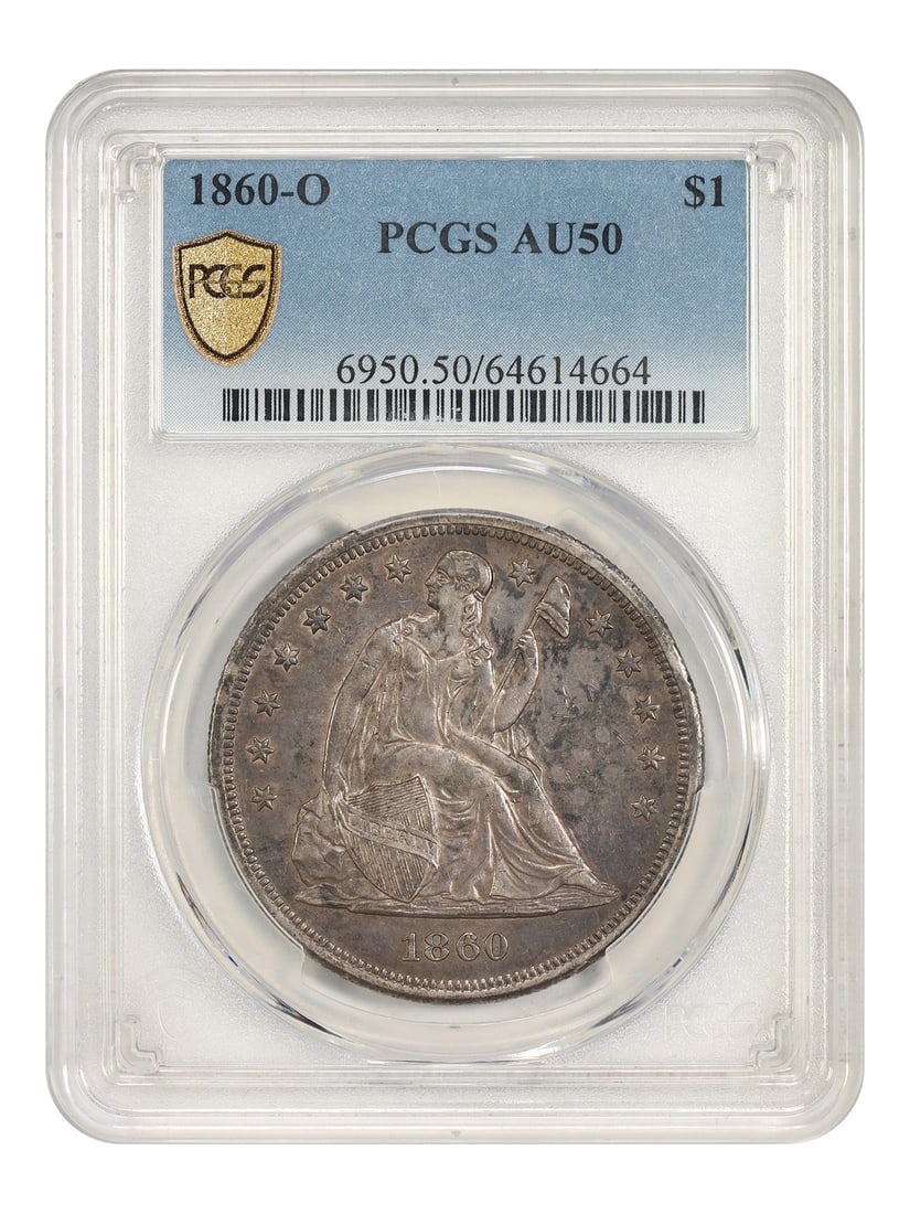 1860-O $1 PCGS AU50 - Liberty Seated Dollar - Popular New Orleans Mint: 1860-O $1 PCGS AU50 - Liberty Seated Dollar - Popular New Orleans Mint The 1860-O $1 Liberty Seated Dollar, certified PCGS AU50, showcases the distinctive New Orleans Mint mark. This circulated coin f