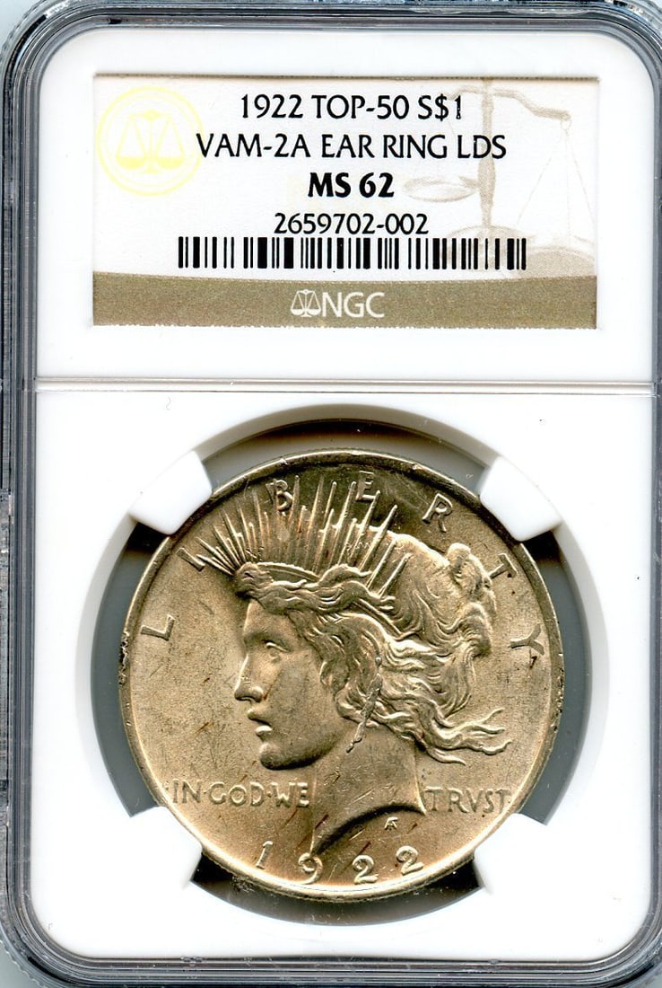 C8895- VAM-2A 1922 LDS 50 PEACE DOLLAR EAR RING NGC MS62: C8895- VAM-2A 1922 LDS 50 PEACE DOLLAR EAR RING NGC MS62 The 1922 LDS 50 Peace Dollar Ear Ring, graded MS62 by NGC, boasts its uncirculated condition and striking design. This coin features a