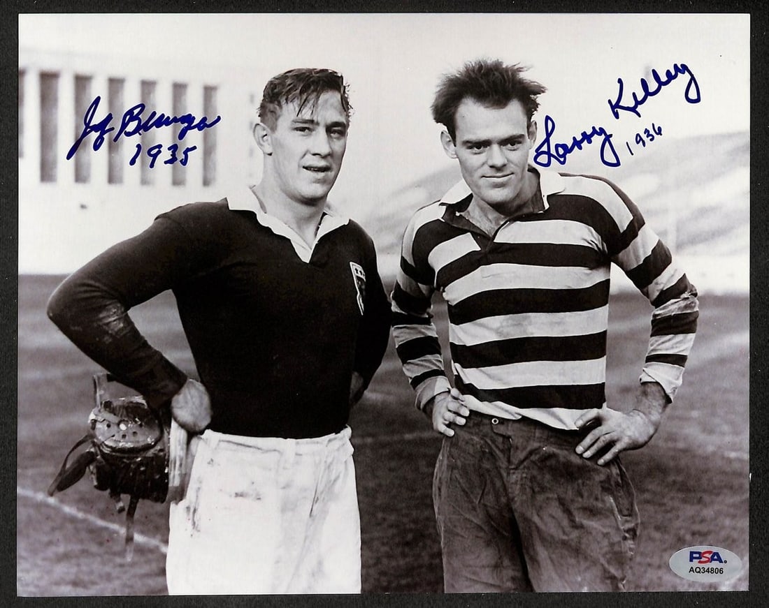 Heisman Dual Signed Photo 8x10 Jay Berwanger Larry Kelly PSA DNA: Heisman Dual Signed Photo 8x10 Jay Berwanger Larry Kelly PSA DNA Dual signed 8x10 photo featuring Heisman Trophy winners Jay Berwanger and Larry Kelly, verified by PSA DNA authentication. This iconic