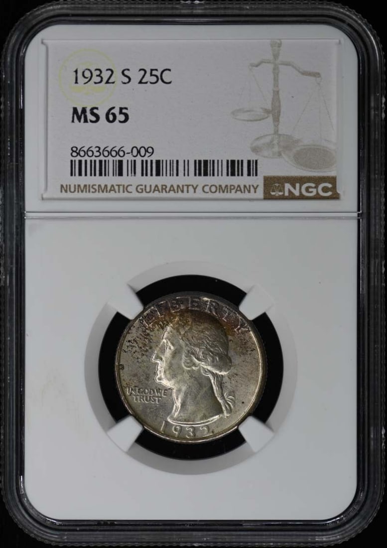 1932-S Washington Quarter 25C NGC MS65: 1932-S Washington Quarter 25C NGC MS65 The 1932-S Washington Quarter, graded MS65 by the NGC, showcases exceptional detail and luster. This uncirculated coin from the San Francisco Mint boasts a rich