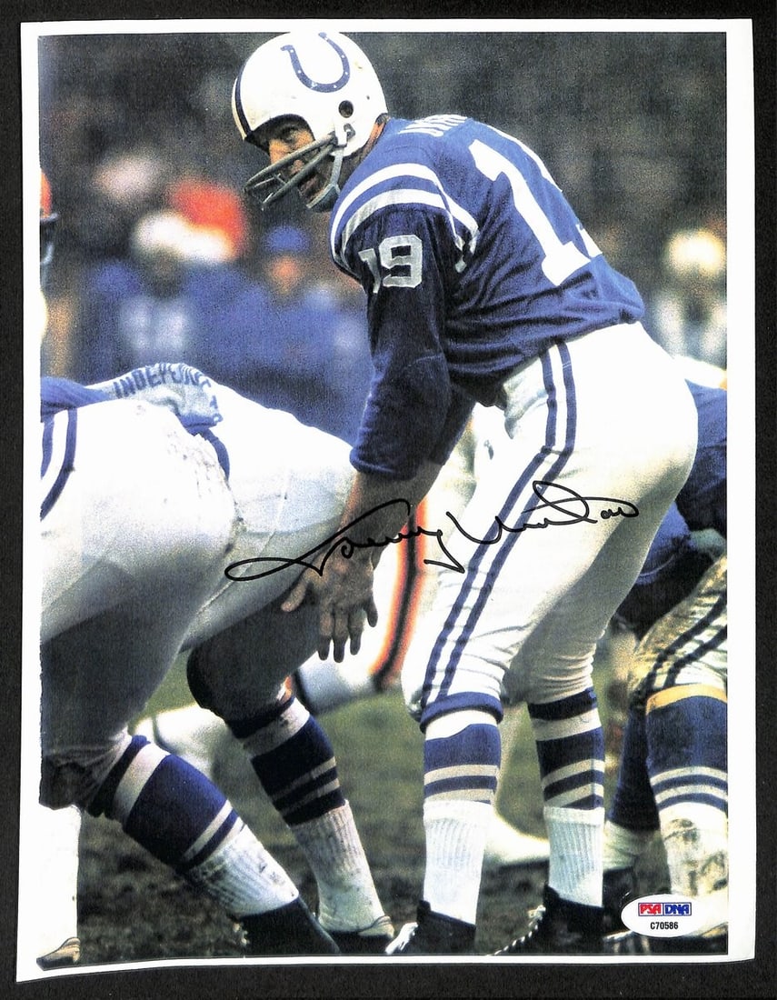Johnny Unitas HOF Signed/ Auto 8x10 Paper Photo Baltimore Colts PSA/ DNA 198846: Johnny Unitas HOF Signed/ Auto 8x10 Paper Photo Baltimore Colts PSA/ DNA 198846 Johnny Unitas, the legendary quarterback, has signed an 8x10 paper photo of his iconic Baltimore Colts days. This PSA/DN