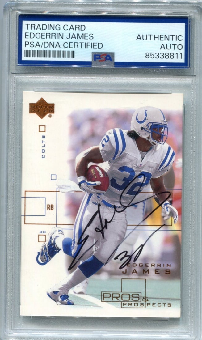 Edgerrin James 2001 Pros Prospects Upper Deck PSA Auto Auth: Edgerrin James 2001 Pros Prospects Upper Deck PSA Auto Auth Edgerrin James' 2001 Upper Deck Pros & Prospects #37 features an autographed rookie card, showcasing the NFL running back's early promise. T