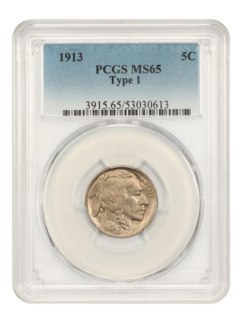 1913 5C PCGS MS65 (Type 1) - Buffalo Nickel - Popular One Year Type Coin: 1913 5C PCGS MS65 (Type 1) - Buffalo Nickel - Popular One Year Type Coin The 1913 Buffalo Nickel, graded MS65 by PCGS, boasts an impressive Type 1 design. This uncirculated coin showcases exceptional 