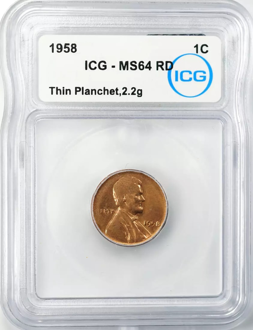 1958 LINCOLN WHEAT CENT PENNY 1C ICG MS 64 RD MINT UNC - THIN PLANCHET (201): 1958 LINCOLN WHEAT CENT PENNY 1C ICG MS 64 RD MINT UNC - THIN PLANCHET (201) 1958 Lincoln Wheat Cent penny in MS 64 condition, showcasing exceptional mint state quality with a thin planchet. Certified
