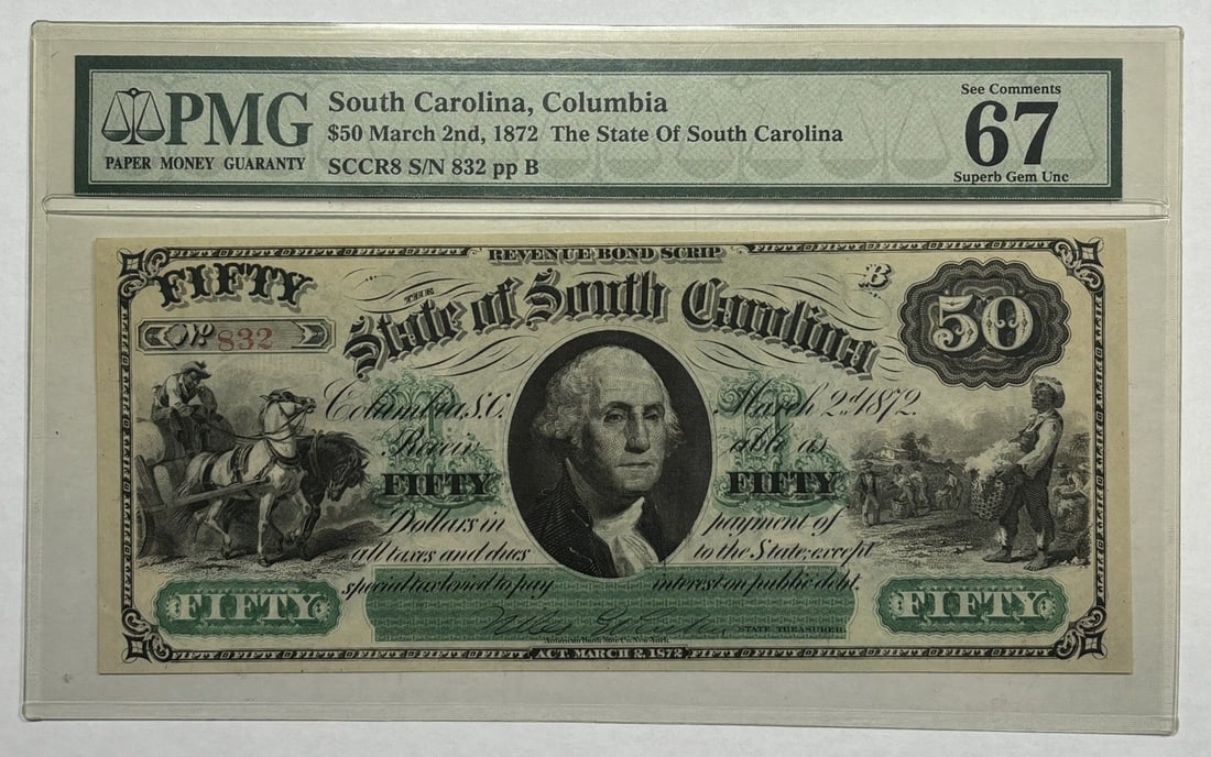 COLUMBIA SOUTH CAROLINA PMG 67 OBSOLETE NOTE 1872 $50: COLUMBIA SOUTH CAROLINA PMG 67 OBSOLETE NOTE 1872 $50 The 1872 $50 Obsolete Note from Columbia, South Carolina, graded 67 by PMG, boasts an impressive level of preservation. This rare banknote feature