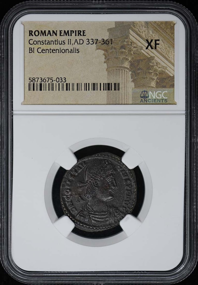 Constantius II Roman Empire Bi Centenionalis 337-361 AD: Constantius II Roman Empire Bi Centenionalis 337-361 AD Constantius II Roman Empire Bi Centenionalis coin, dated 337-361 AD, bears the NGC certification number 5873675033 and graded XF. This ancient R