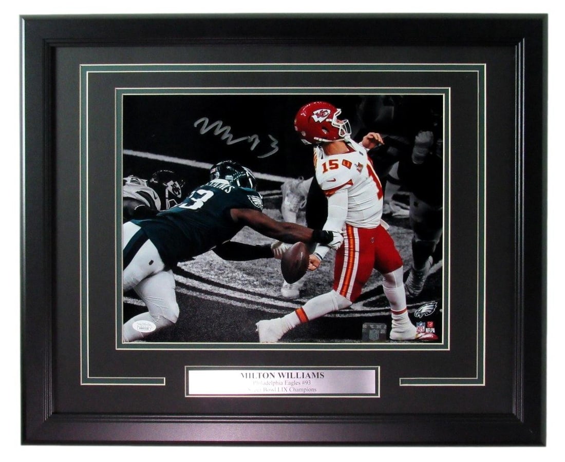 Milton Williams Signed/ Autographed 11x14 Photo Eagles SB LIX Framed JSA 195570: Milton Williams Signed/ Autographed 11x14 Photo Eagles SB LIX Framed JSA 195570 Milton Williams' signature on this 11x14 photo of the Eagles from Super Bowl LIX bears witness to his connection to the 