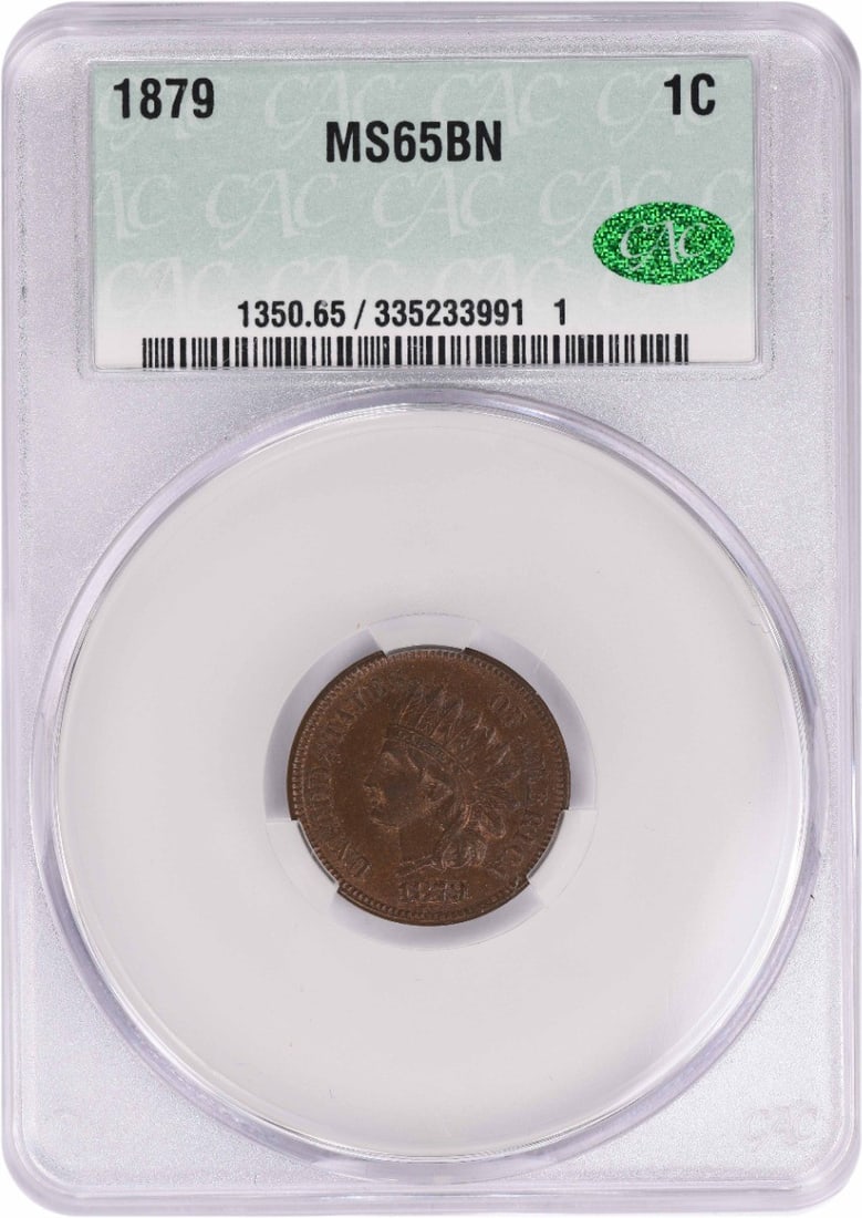 1879 Indian Cent MS65BN CACG: 1879 Indian Cent MS65BN CACG The 1879 Indian Cent MS65BN CACG boasts exceptional condition, with its circulated state and high grade of MS65. The coin's copper composition and small cent denomination 