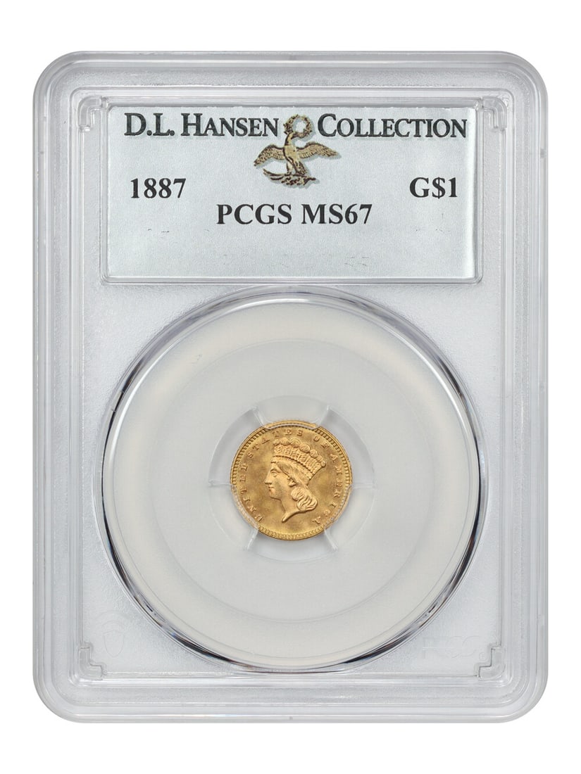 1887 G$1 PCGS MS67 ex: D.L. Hansen: 1887 G$1 PCGS MS67 ex: D.L. Hansen The 1887 G$1 PCGS MS67 ex: D.L. Hansen is an uncirculated gold dollar coin with a high grade of 67, certified by the Professional Coin Grading Service (PCGS). This c