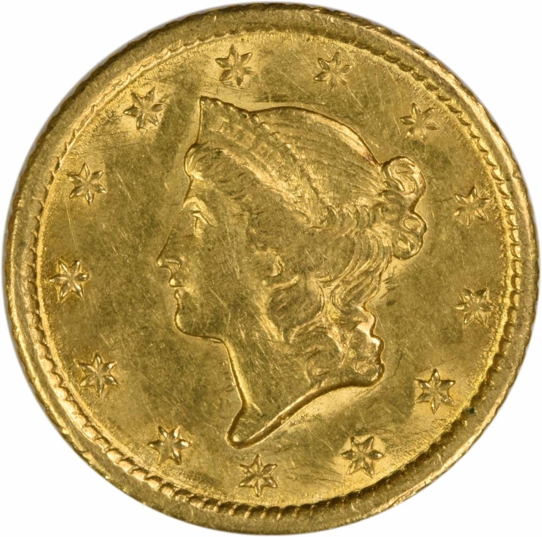 Uncertified Gold Slider AU 1851-1 $1 TYPE: Uncertified Gold Slider AU 1851-1 $1 TYPE Uncertified Gold Slider AU 1851-1 $1 TYPE, a circulated example from the New Orleans Mint, boasts a rich gold composition and distinctive reeded edge. With a 