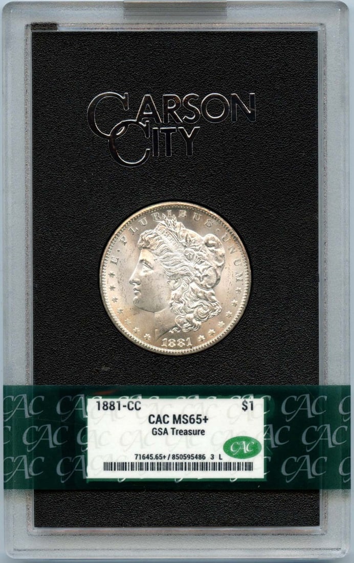 1881-CC $1 Morgan Dollar GSA Hoard CACG MS65+ CAC: 1881-CC $1 Morgan Dollar GSA Hoard CACG MS65+ CAC The 1881-CC $1 Morgan Dollar GSA Hoard CACG MS65+ CAC is an uncirculated coin with a high grade, boasting exceptional condition and detail. Certified 