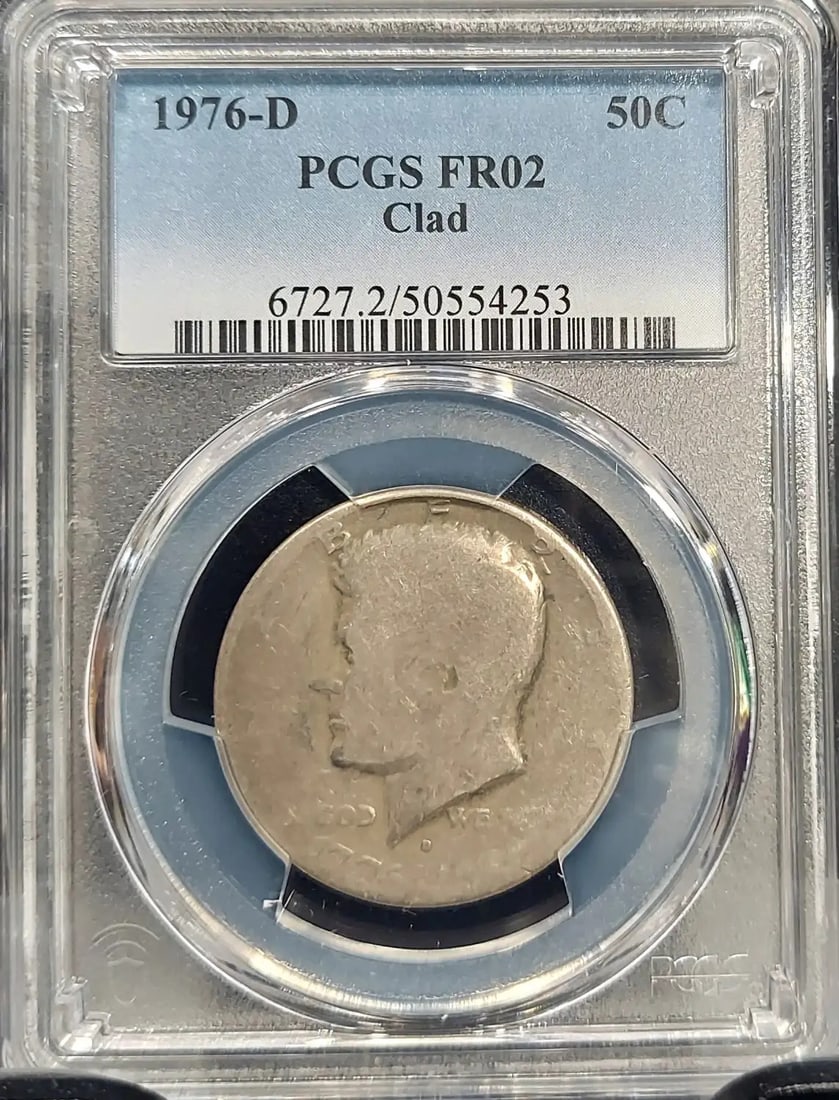 1976 D KENNEDY HALF DOLLAR 50C PCGS CERTIFIED FR 02 FAIR (253): 1976 D KENNEDY HALF DOLLAR 50C PCGS CERTIFIED FR 02 FAIR (253) The 1976 D Kennedy Half Dollar features a circulated condition with minor wear, as indicated by its PCGS certification. This coin bears t