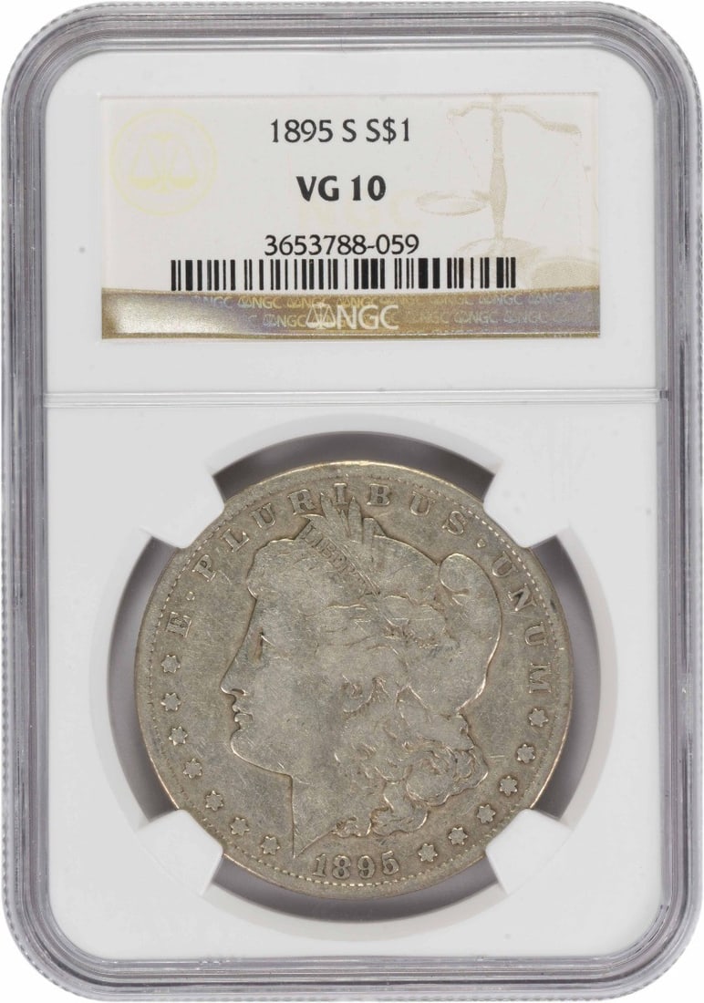1895-S Morgan Silver Dollar VG10 NGC: 1895-S Morgan Silver Dollar VG10 NGC The 1895-S Morgan Silver Dollar is a circulated coin with a VG10 grade, bearing the NGC certification. This silver dollar features a reeded edge and a distinctive 
