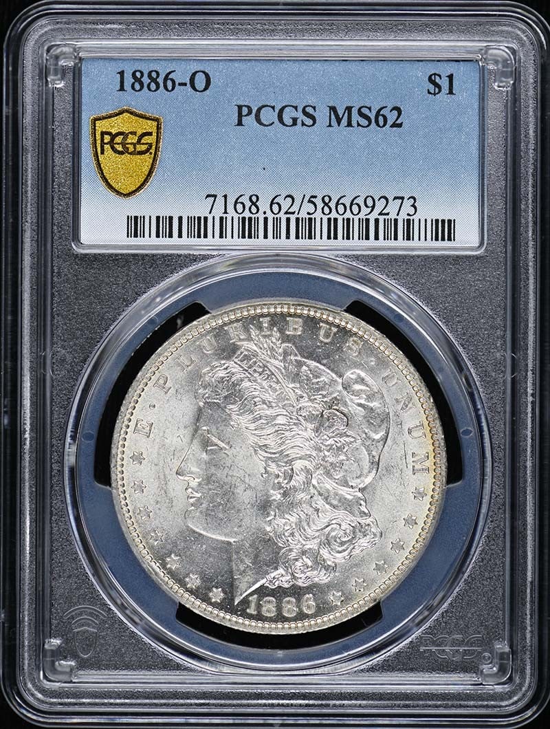 1886-O $1 Morgan Dollar PCGS MS62: 1886-O $1 Morgan Dollar PCGS MS62 The 1886-O $1 Morgan Dollar, graded MS62 by PCGS, boasts a rich history and stunning condition. Certified as uncirculated, this coin showcases exceptional detail and 