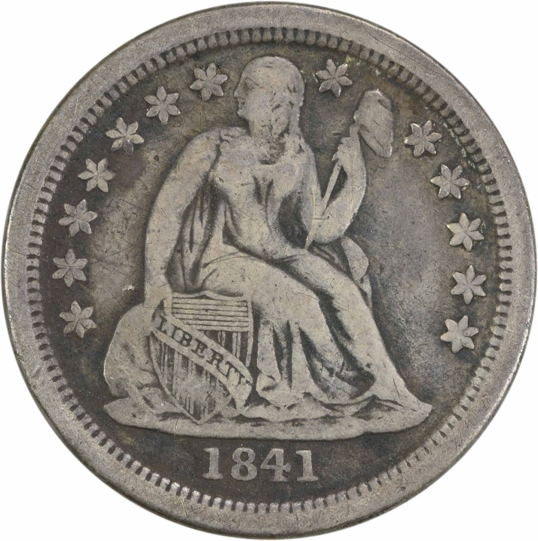 1841-O Liberty Seated Silver Dime VF Uncertified: 1841-O Liberty Seated Silver Dime VF Uncertified The 1841-O Liberty Seated Silver Dime features Christian Gobrecht's iconic design, showcasing Seated Liberty on the reverse and a wreathed eagle on the