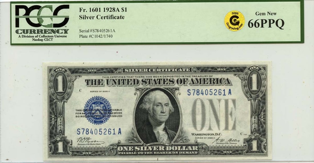 1928A $1 Silver Certificate FR#1601 PCGS GEM 66 PPQ GCC Gold: 1928A $1 Silver Certificate FR#1601 PCGS GEM 66 PPQ GCC Gold The 1928A $1 Silver Certificate, graded MS66 by PCGS, boasts a stunning Gem condition with exceptional preservation. Bearing the certificat