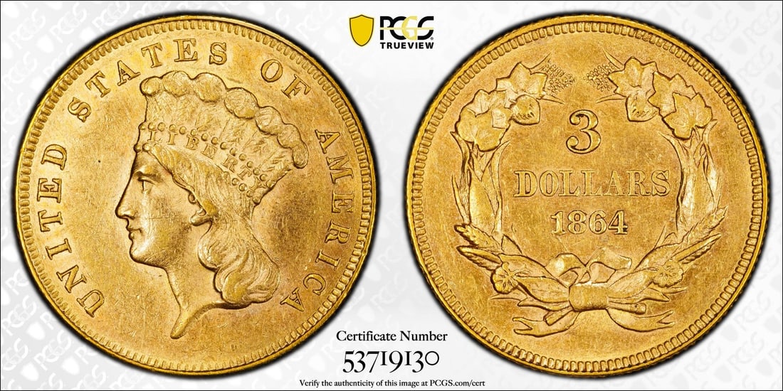 $3 PCGS MS61 1864 Three Dollar - 5