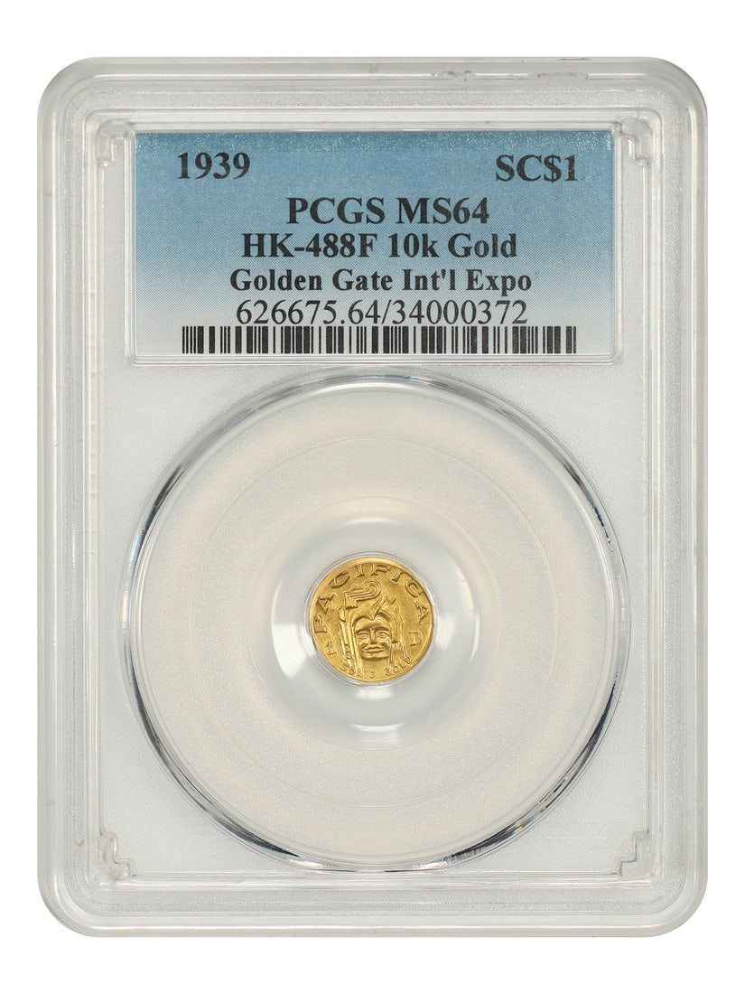 So-Called Dollar: 1939 SC$1 PCGS MS64 (HK-488F, 10k Gold, Golden Gate Int'l Expo: So-Called Dollar: 1939 SC$1 PCGS MS64 (HK-488F, 10k Gold, Golden Gate Int'l Expo The 1939 SC$1 coin, certified MS64 by PCGS, boasts a striking golden hue from its 10k gold composition. This uncirculat