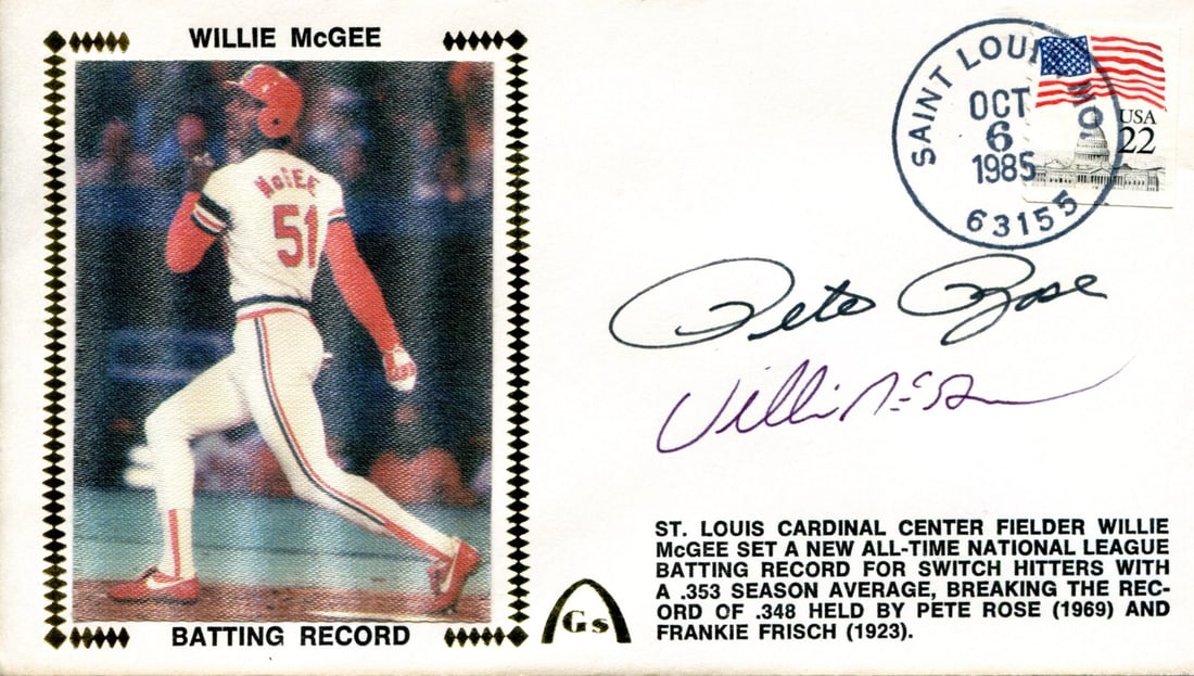 Pete Rose & Willie McGee Autographed October 6th, 1985 First Day Cover (PSA): Pete Rose & Willie McGee Autographed October 6th, 1985 First Day Cover (PSA) PSA-certified First Day Cover signed by Pete Rose and Willie McGee in black pen, dated October 6th, 1985. This rare