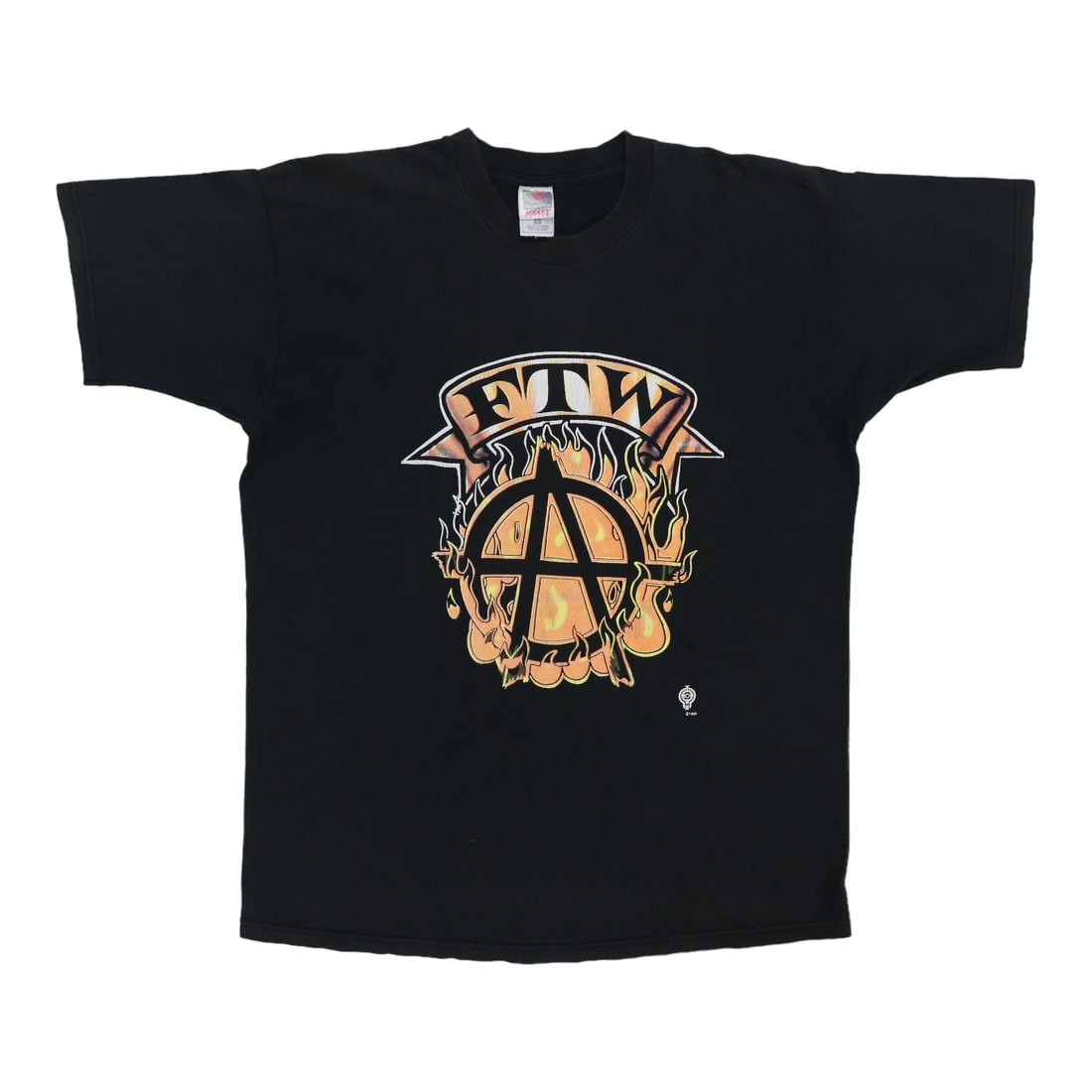 1998 FTW Anarchy Shirt: 1998 FTW Anarchy Shirt The 1998 FTW Anarchy Shirt is a true vintage find, boasting front and back graphics and a worn condition with holes throughout. This extra large size features a 30" collar to