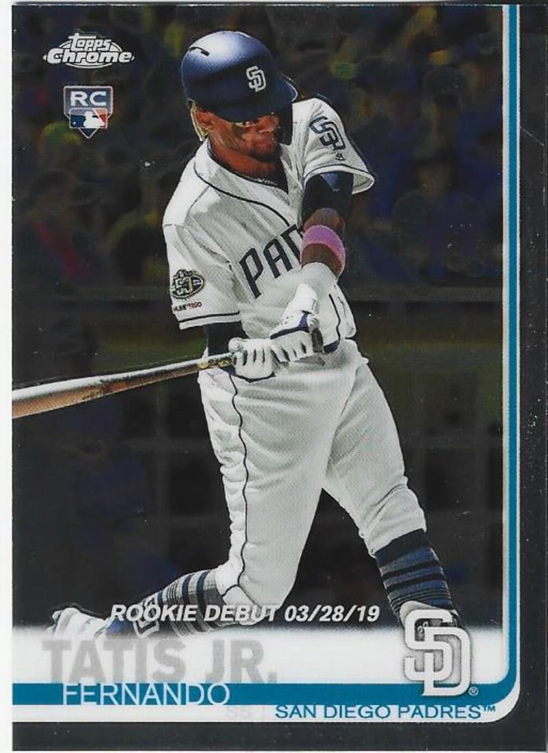 Tatis Jr Fernando 2018 Topps Chrome Rookie Card #54: Tatis Jr Fernando 2018 Topps Chrome Rookie Card #54 Tatis Jr's rookie card from the 2018 Topps Chrome set, numbered #54, showcases his impressive baseball skills at just 19 years old. The high-end chr