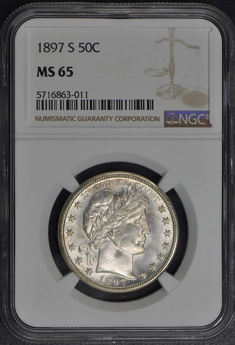 1897-S Barber Half Dollar 50C NGC MS65: 1897-S Barber Half Dollar 50C NGC MS65 The 1897-S Barber Half Dollar, graded MS65 by the Numismatic Guaranty Corporation (NGC), showcases its exceptional condition with a high level of detail and lust