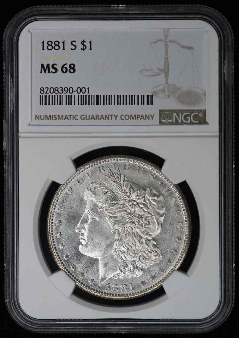 Morgan Dollar 1881-S MS68 S$1: Morgan Dollar 1881-S MS68 S$1 MS68 graded Morgan Dollar 1881-S, certified by the Numismatic Guaranty Corporation (NGC), showcases exceptional condition and detail. This uncirculated San Francisco mint