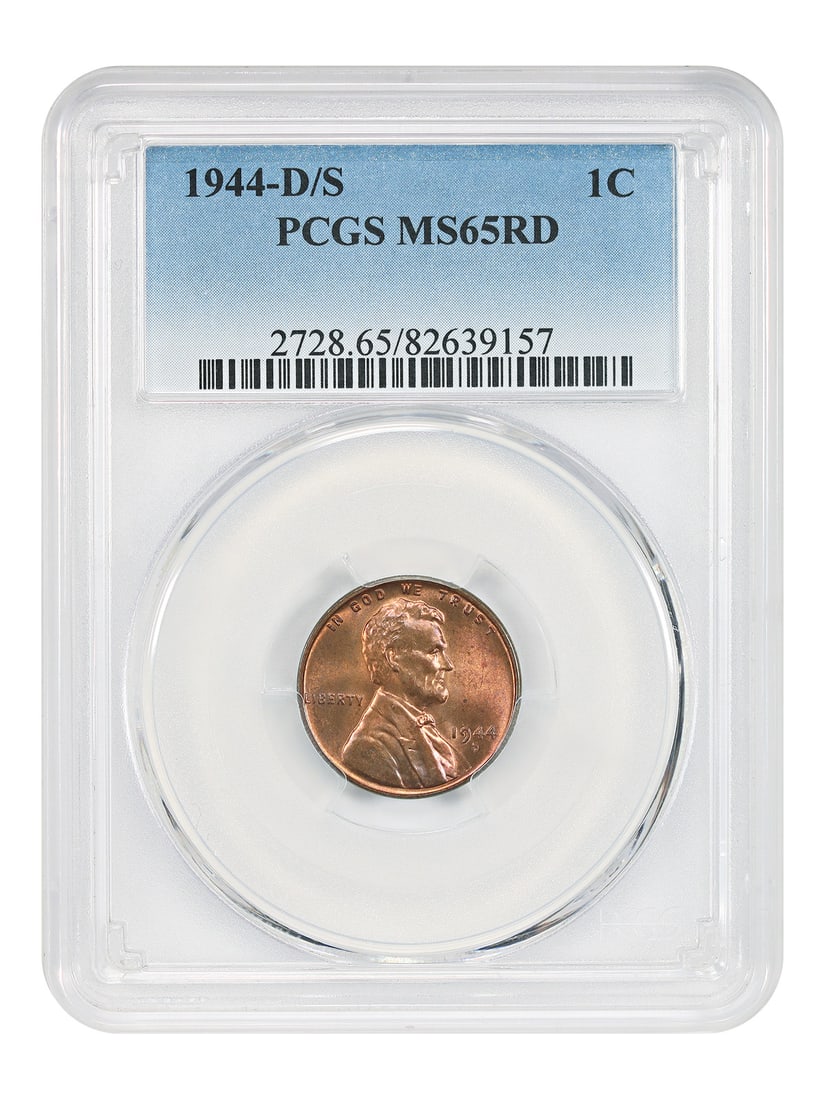 1944-D/ S 1C PCGS MS65RD - Lincoln Cent (Wheat Reverse) - Tough OMM: 1944-D/ S 1C PCGS MS65RD - Lincoln Cent (Wheat Reverse) - Tough OMM The 1944-D/ S 1C PCGS MS65RD Lincoln Cent features a rare and coveted Wheat Reverse design, with its reddish-brown color adding dept