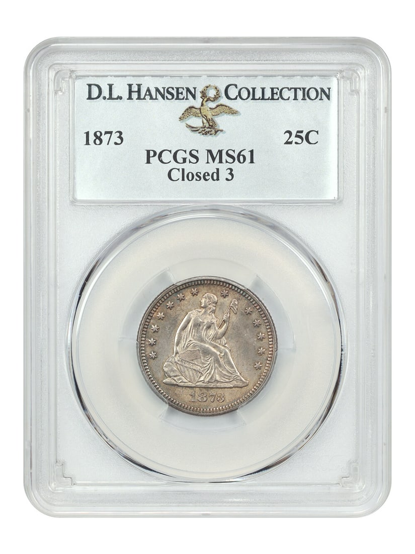 MS61 PCGS 1873 25C Closed ex D.L. Hansen: MS61 PCGS 1873 25C Closed ex D.L. Hansen MS61 PCGS 1873 25C Closed ex D.L. Hansen is an uncirculated twenty-cent coin graded MS61 by the Professional Coin Grading Service (PCGS). This rare Liberty Sea