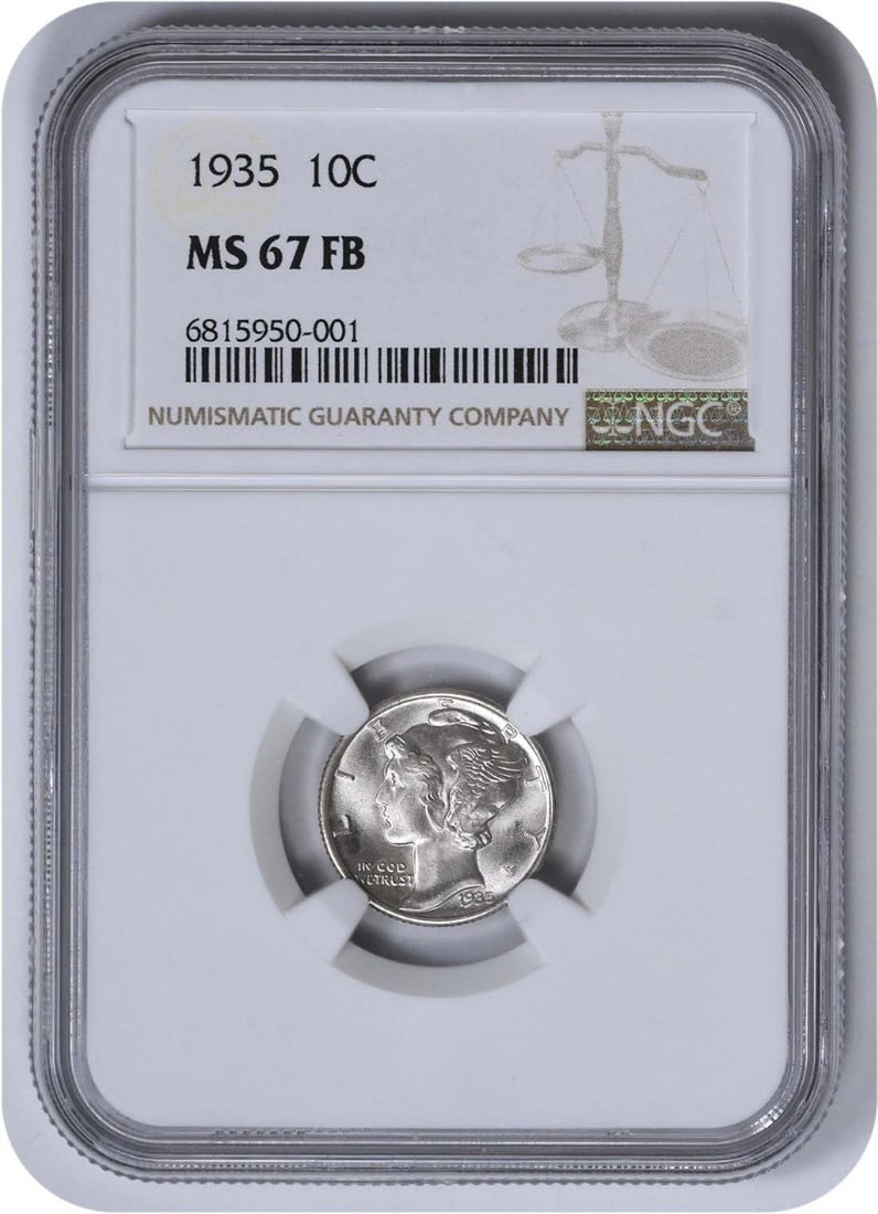 1935 Mercury Silver Dime MS67FB NGC: 1935 Mercury Silver Dime MS67FB NGC The 1935 Mercury Silver Dime MS67FB NGC is an uncirculated coin with a high grade of MS67, indicating its exceptional condition. With a mintage of over 58 million, 