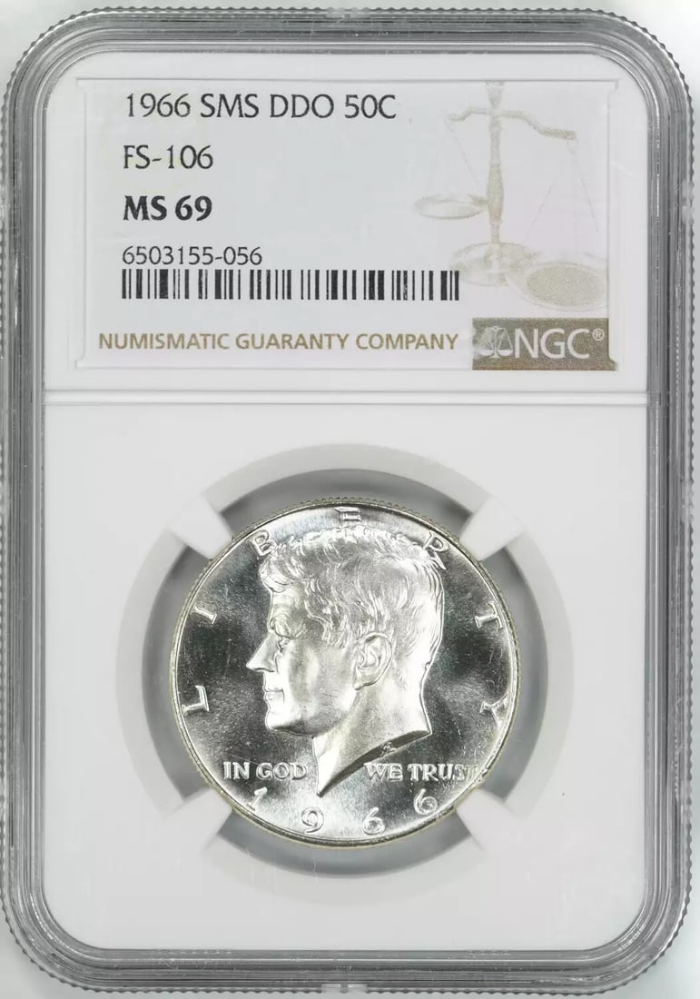1966 SMS DDO KENNEDY HALF DOLLAR 50C FS-106 NGC CERTIFIED MS 69 MINT UNC (056): 1966 SMS DDO KENNEDY HALF DOLLAR 50C FS-106 NGC CERTIFIED MS 69 MINT UNC (056) The 1966 SMS DDO Kennedy half dollar features a striking design, with the iconic portrait of President John F. Kennedy on