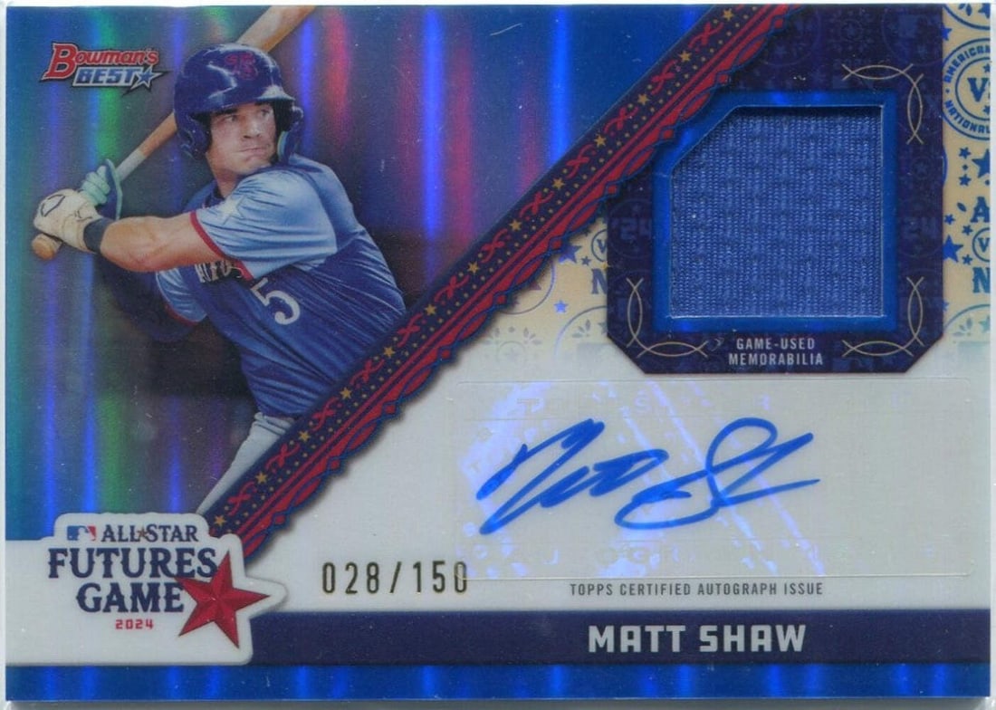 Bowman's Best All Star Futures Game Jersey Matt Shaw Auto Refractor RC #FGR: Bowman's Best All Star Futures Game Jersey Matt Shaw Auto Refractor RC #FGR Matt Shaw's 2024 Bowman's Best All-Star Futures Game Jersey features his unique artwork, including an AUTO Refractor RC #FGR