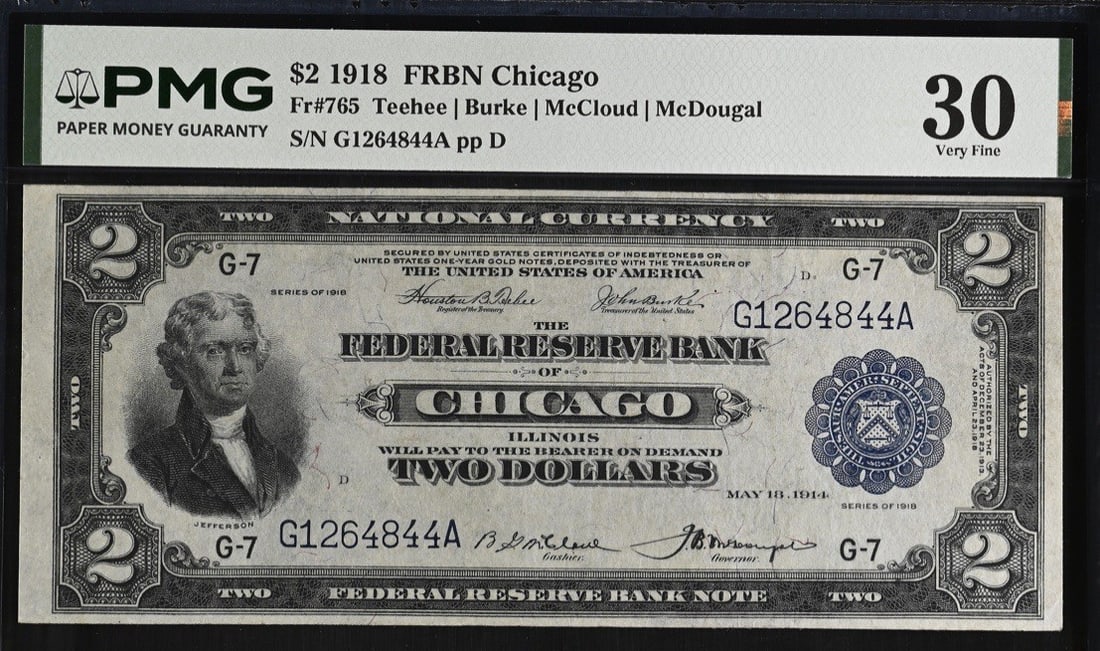 1918 $2 FEDERAL RESERVE BANK NOTE CHICAGO BATTLESHIP FR. 765 PMG 30 (1 of 2)