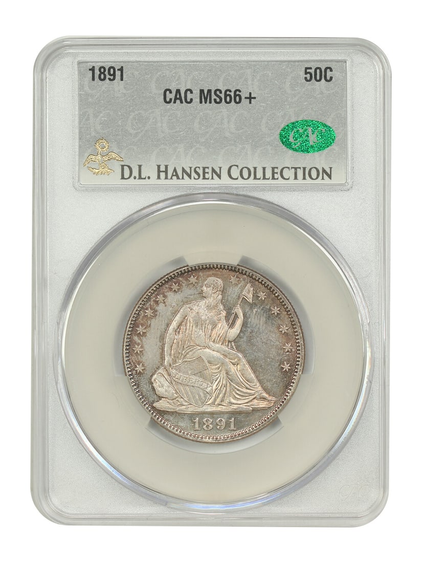 1891 50C CACG MS66+ ex: D.L. Hansen - Liberty Seated Half Dollar: 1891 50C CACG MS66+ ex: D.L. Hansen - Liberty Seated Half Dollar The 1891 Liberty Seated Half Dollar, graded MS66+, boasts exceptional mint state condition with striking details. Certified by CACG, th