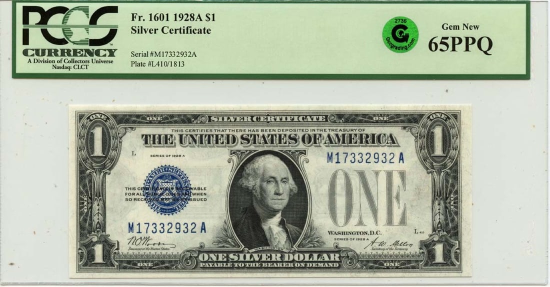 Silver Certificate 1928A $1 FR #1601 GEM PPQ GCC Green: Silver Certificate 1928A $1 FR #1601 GEM PPQ GCC Green The 1928A $1 Silver Certificate, graded MS65 by PCGS Currency, boasts a stunning green color and exceptional condition. This circulated uncircula