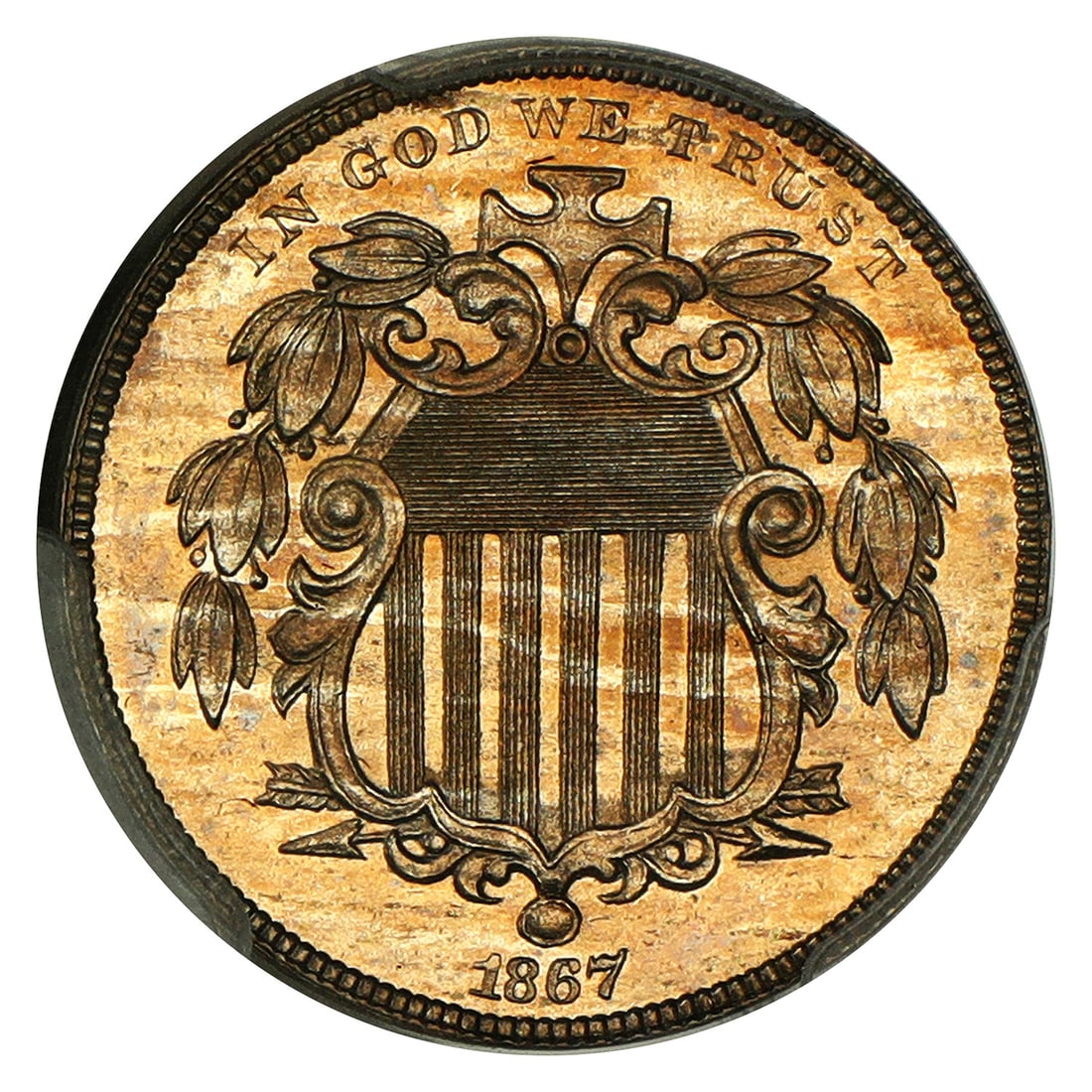 Shield Nickel Rays PCGS CAC 1867 5C PR63 - 5