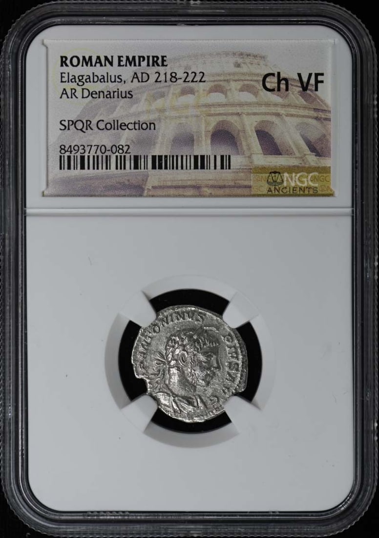 Elagabalus, AD 218-222 ROMAN EMPIRE AR Denarius NGC VF30: Elagabalus, AD 218-222 ROMAN EMPIRE AR Denarius NGC VF30 NGC VF30 graded Elagabalus, AD 218-222 Roman Empire AR Denarius, bearing certification number 8493770082. This coin showcases the distinctive f