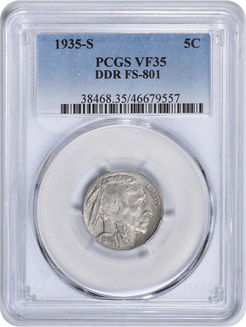 1935-S Buffalo Nickel DDR FS-801 VF35 PCGS: 1935-S Buffalo Nickel DDR FS-801 VF35 PCGS The 1935-S Buffalo Nickel DDR FS-801 is a circulated example graded VF35 by PCGS, bearing the signature of its artist. This nickel coin showcases a unique bl