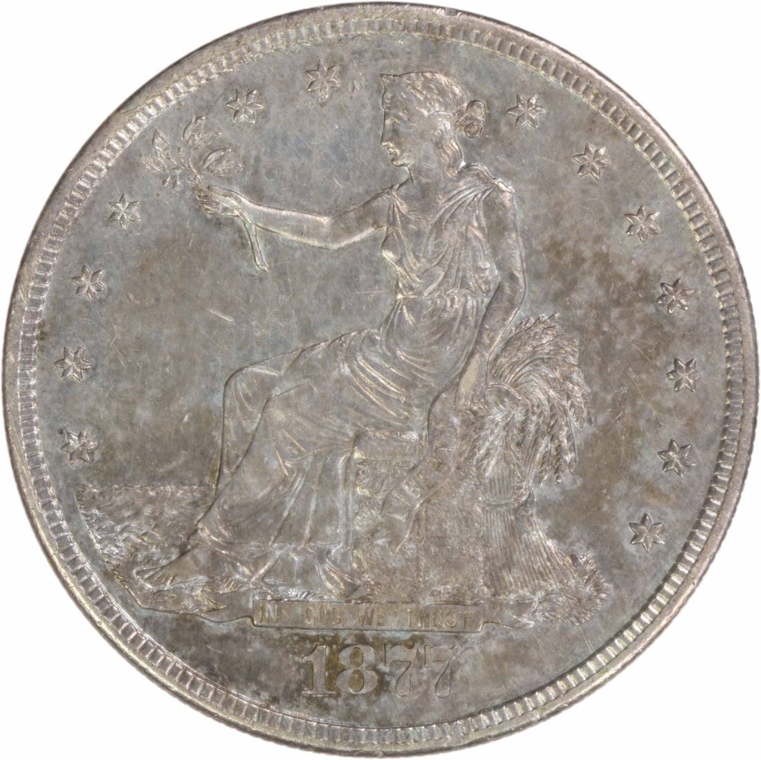 Trade Silver Dollar Choice AU Uncertified 1877-S: Trade Silver Dollar Choice AU Uncertified 1877-S The 1877-S Trade Silver Dollar Choice AU Uncertified coin boasts its striking reeded edge and impressive diameter, measuring 38.10 millimeters. With a 