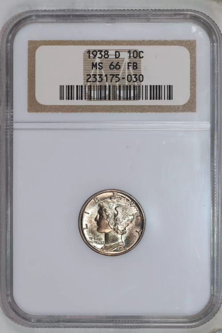 MS66 NGC MERCURY DIME 1938 D: MS66 NGC MERCURY DIME 1938 D MS66 NGC MERCURY DIME 1938 D - A highly graded uncirculated Mercury dime from the Denver Mint, certified by the Numismatic Guaranty Corporation (NGC) as MS-66. This coin b
