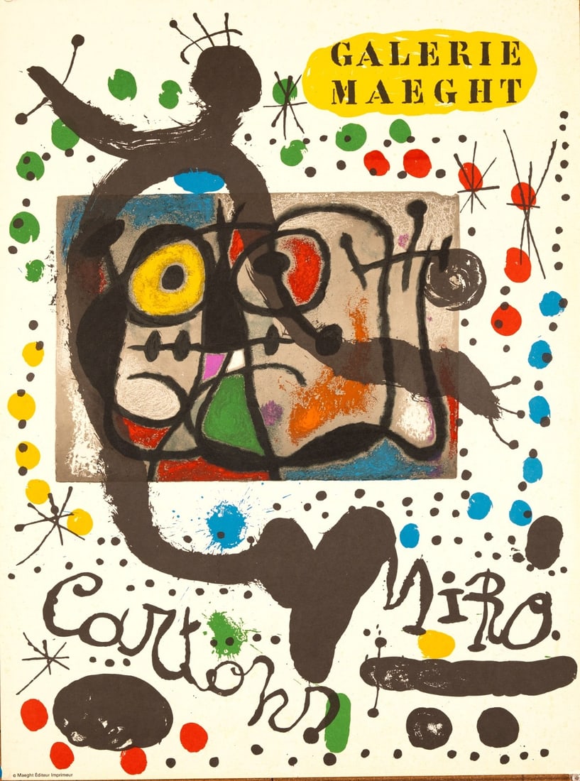 Galerie Maeght Cartons Joan Miro 1965 Printing Poster: Galerie Maeght Cartons Joan Miro 1965 Printing Poster Item Specifics: Artist: Joan Miro Unit Of Sale: Single Piece Size: Medium Color: Red Yellow Green Blue Date Of Creation: 1965 Material: Paper Cert